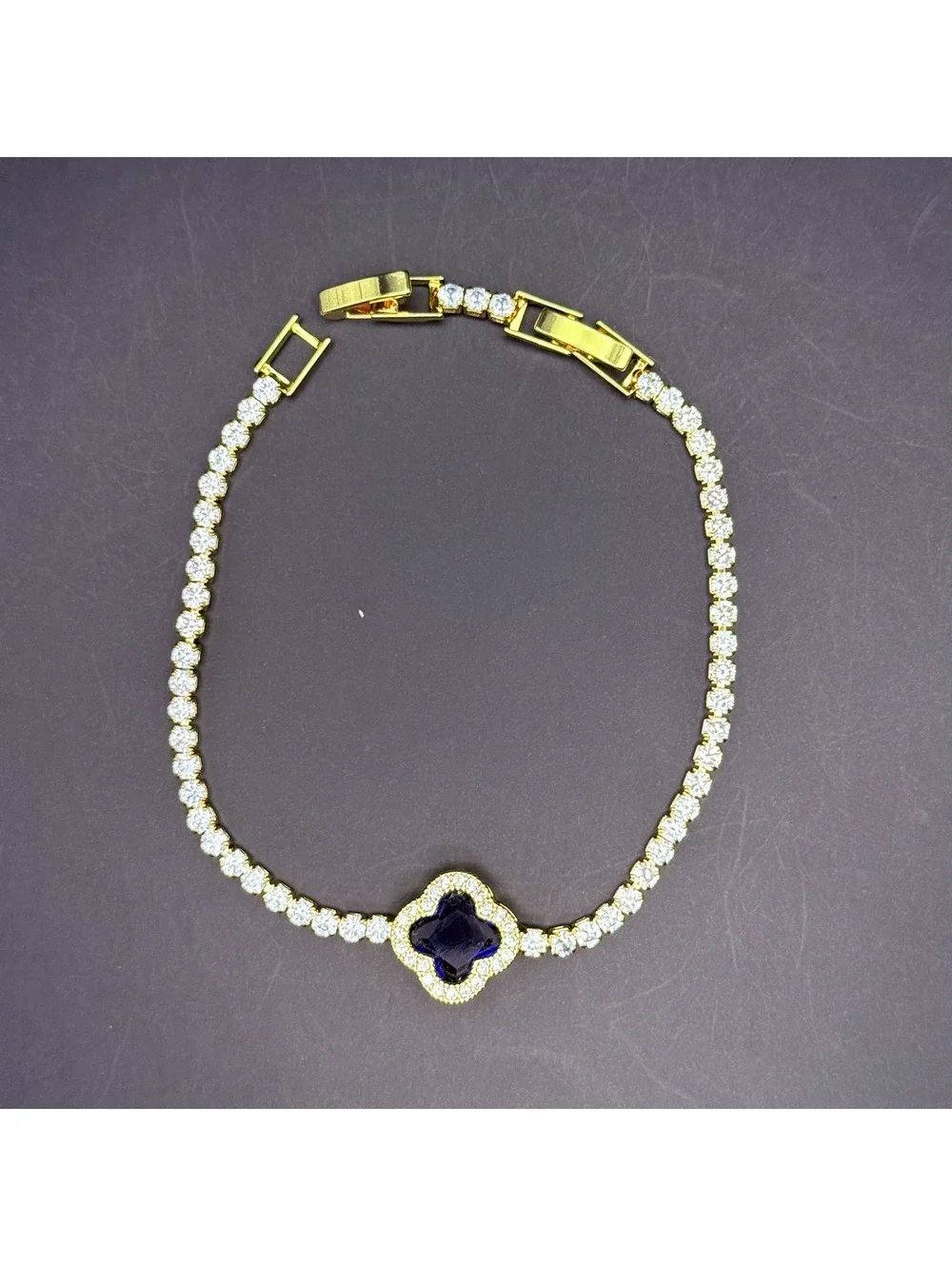candy+clover navy blue clover crystal gold tone tennis bracelet
